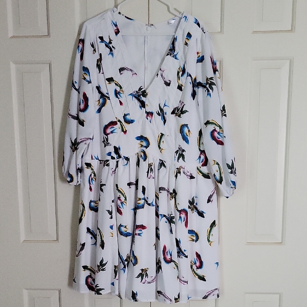 eShakti Beta Fish Koi Fish Print White Midi Dress Sz 3x Sz 24w